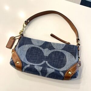 Vintage Y2K 2000s COACH denim and leather shoulder bag with gold O ring hardware
